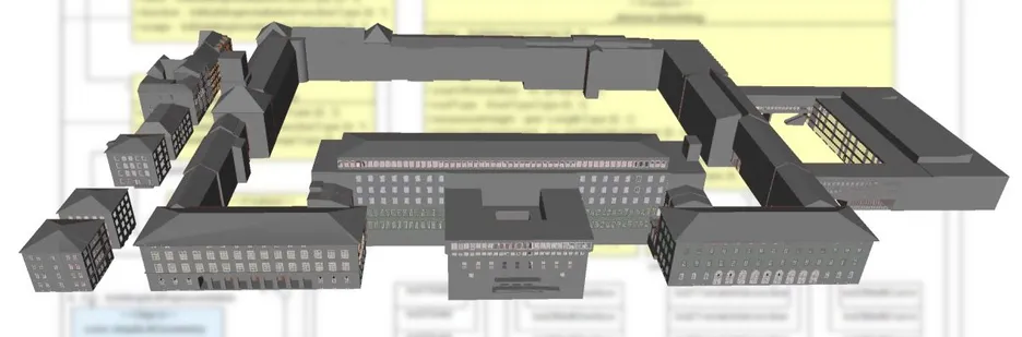 CityGML LoD3 Building model superimposed in front of a UML Diagram
